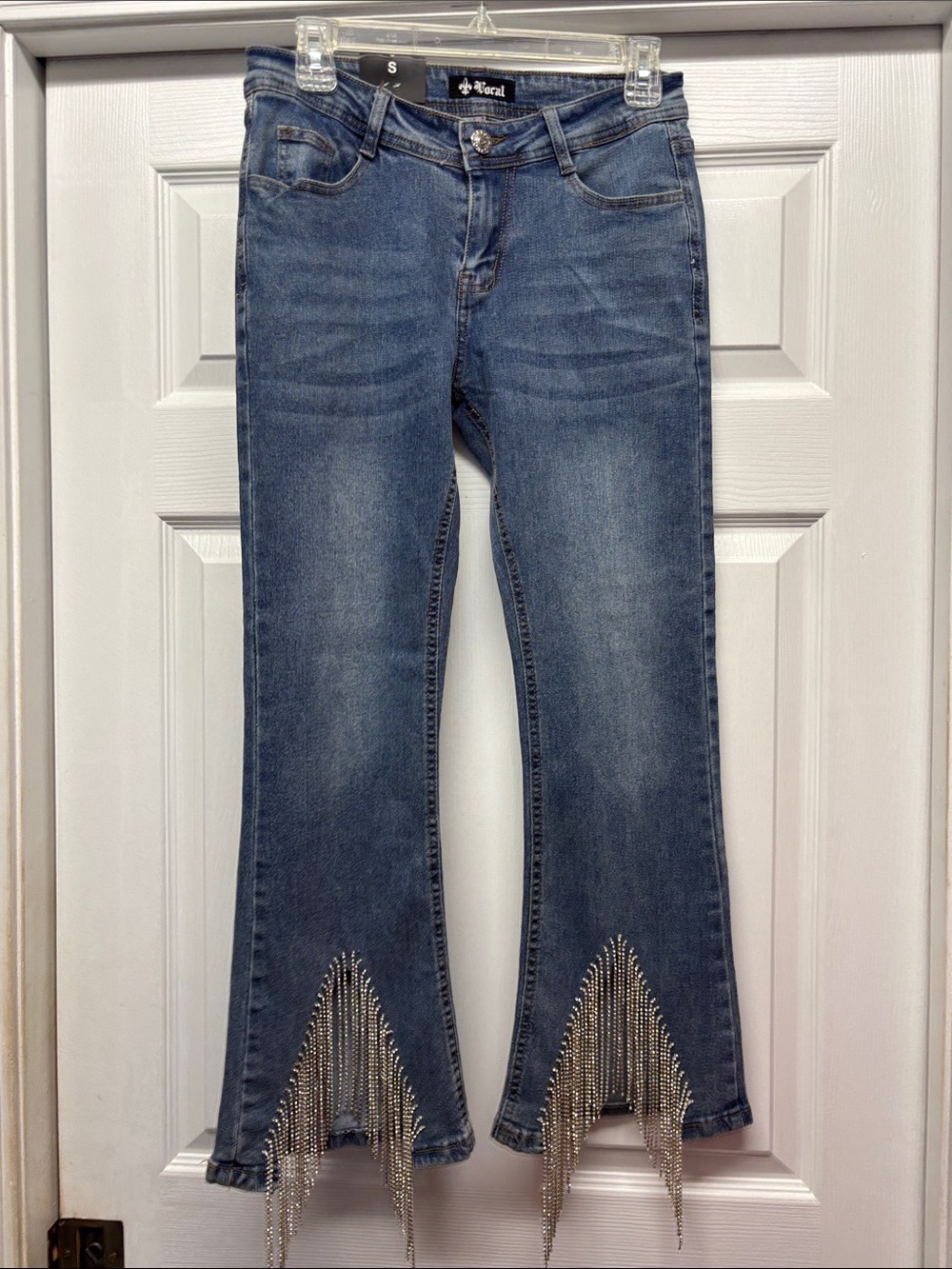 Vocal Blue Cropped Flared Jeans with Silver Rhinestone Fringe Small New